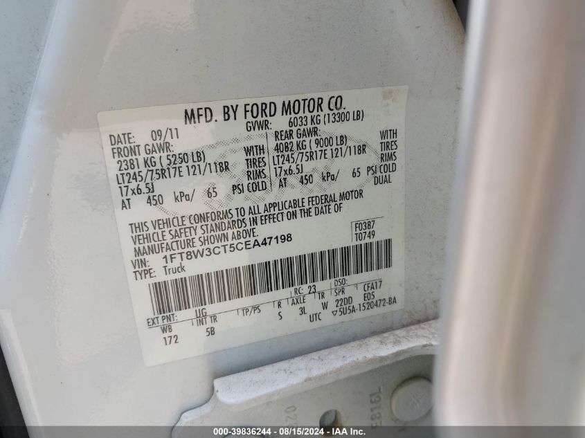 2012 Ford F-350 Lariat VIN: 1FT8W3CT5CEA47198 Lot: 39836244