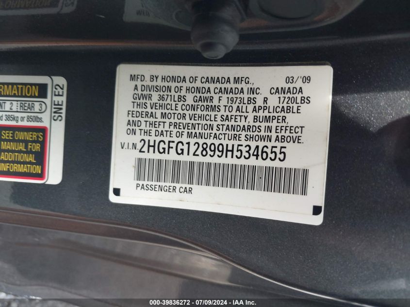 2HGFG12899H534655 | 2009 HONDA CIVIC