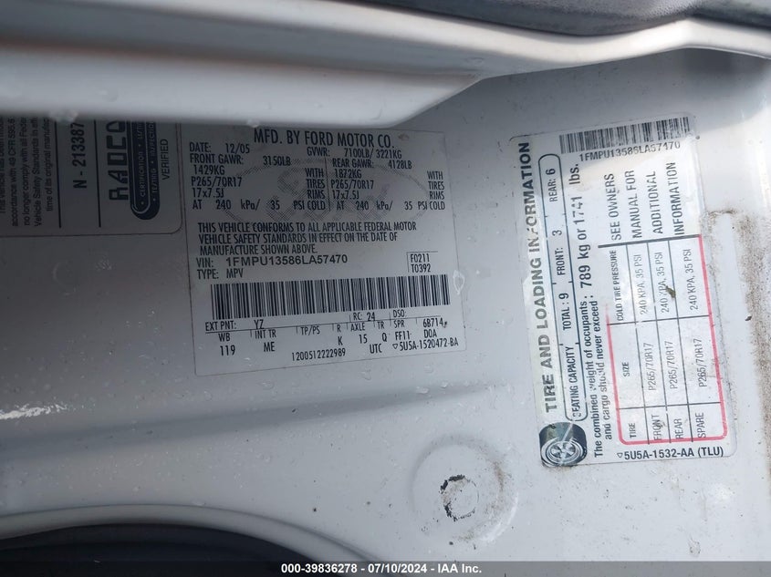 2006 Ford Expedition Xls VIN: 1FMPU13586LA57470 Lot: 39836278