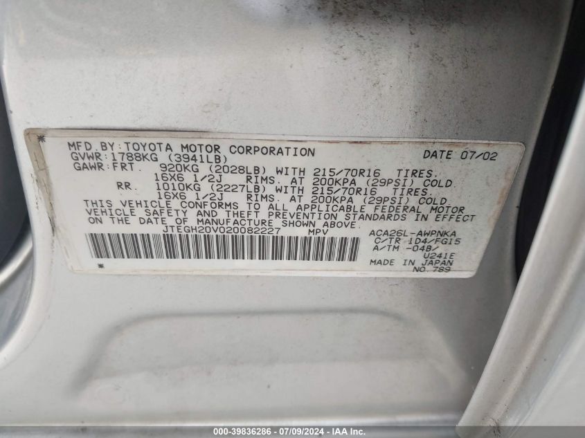 2002 Toyota Rav4 VIN: JTEGH20V0200H2227 Lot: 39836286