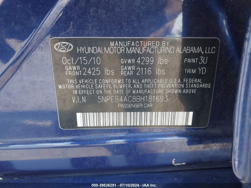 5NPEB4AC8BH181693 2011 Hyundai Sonata Gls