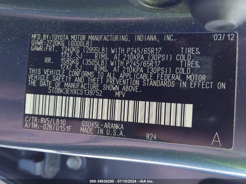 2012 Toyota Highlander Se V6 VIN: 5TDBK3EHXCS139752 Lot: 39836295