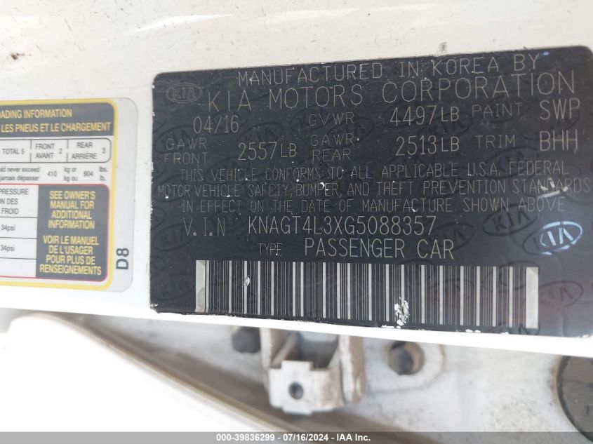 2016 Kia Optima Lx VIN: KNAGT4L3XG5088357 Lot: 39836299