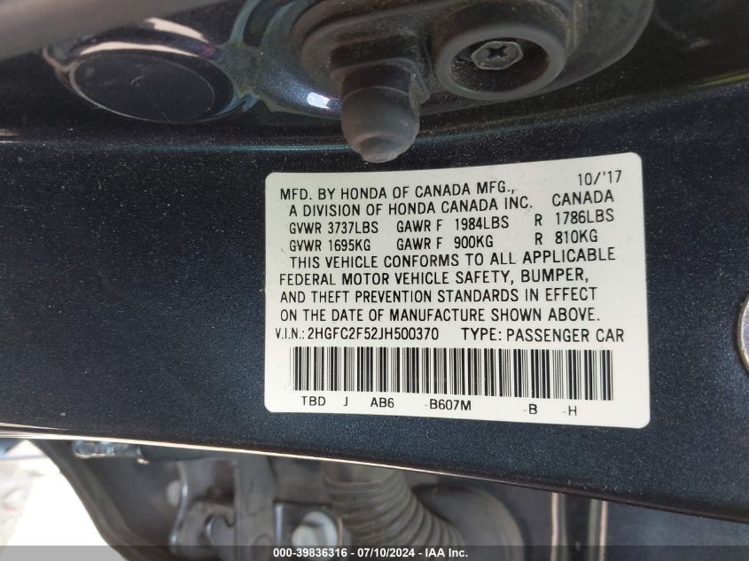 2018 Honda Civic Lx VIN: 2HGFC2F52JH500370 Lot: 39836316