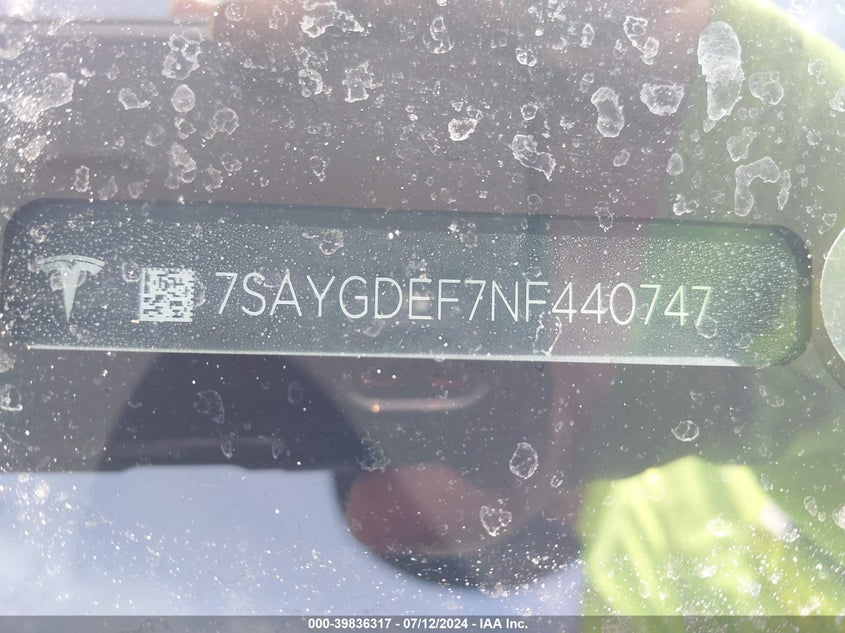 2022 TESLA MODEL Y U   U(VIN: 7SAYGDEF7NF440747