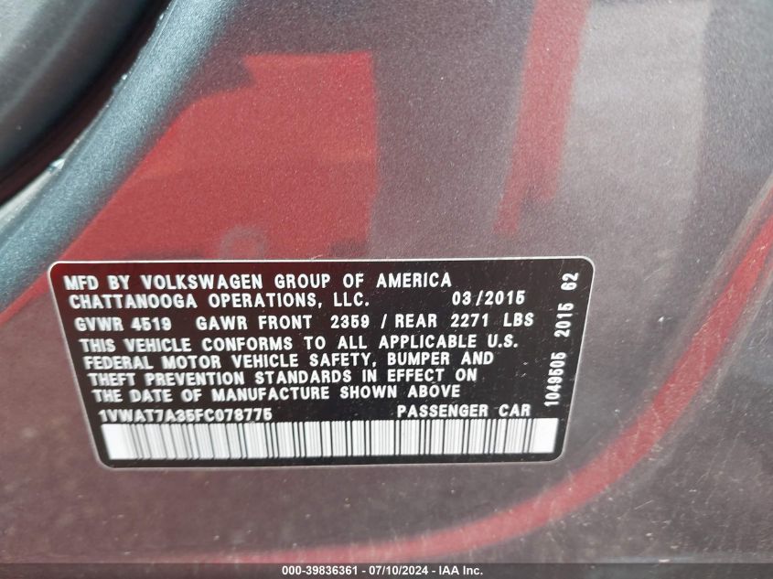 2015 Volkswagen Passat 1.8T Limited Edition VIN: 1VWAT7A35FC078775 Lot: 39836361