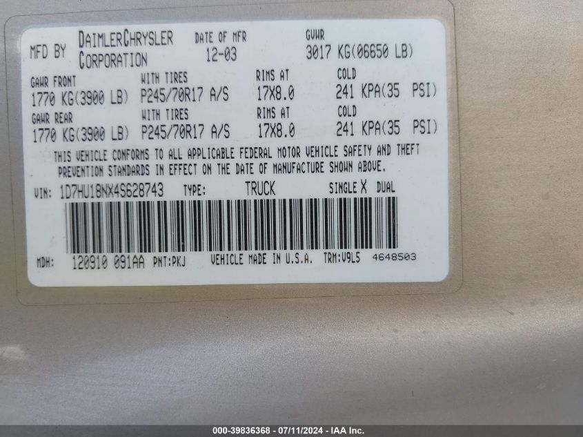 2004 Dodge Ram 1500 Slt/Laramie VIN: 1D7HU18NX4S628743 Lot: 39836368