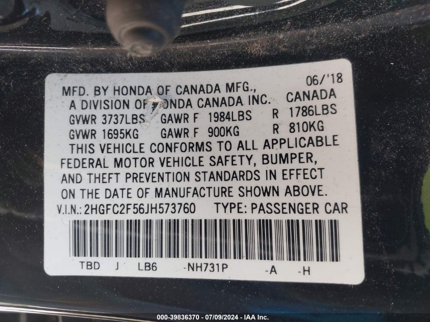 2018 Honda Civic Lx VIN: 2HGFC2F56JH573760 Lot: 39836370