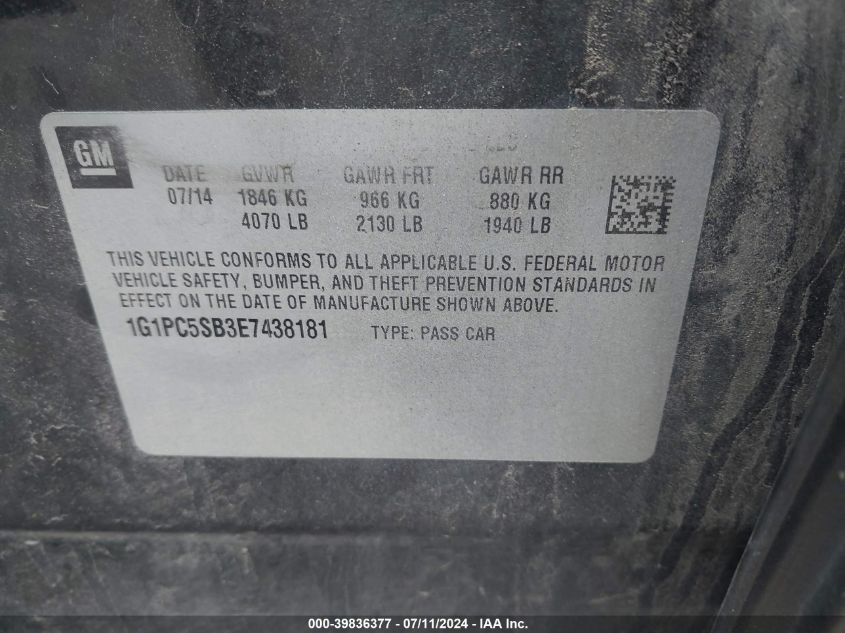2014 Chevrolet Cruze 1Lt Auto VIN: 1G1PC5SB3E7438181 Lot: 39836377