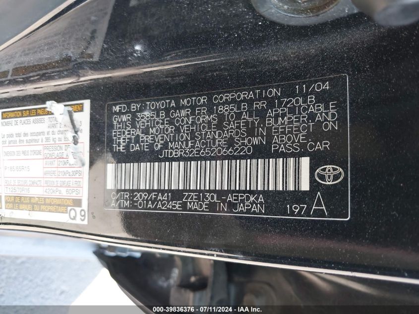 2005 Toyota Corolla Ce VIN: JTDBR32E652066220 Lot: 39836376