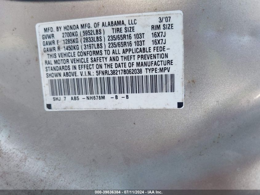 2007 Honda Odyssey Lx VIN: 5FNRL38217B062038 Lot: 39836384