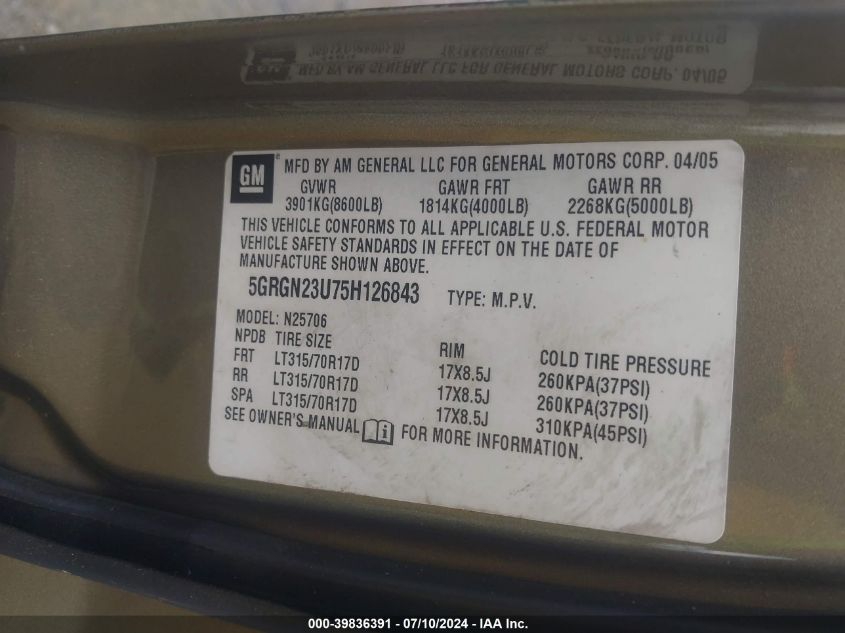 2005 Hummer H2 Suv VIN: 5GRGN23U75H126843 Lot: 39836391