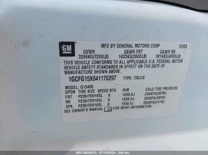 2004 Chevrolet Express VIN: 1GCFG15X641170297 Lot: 39836413