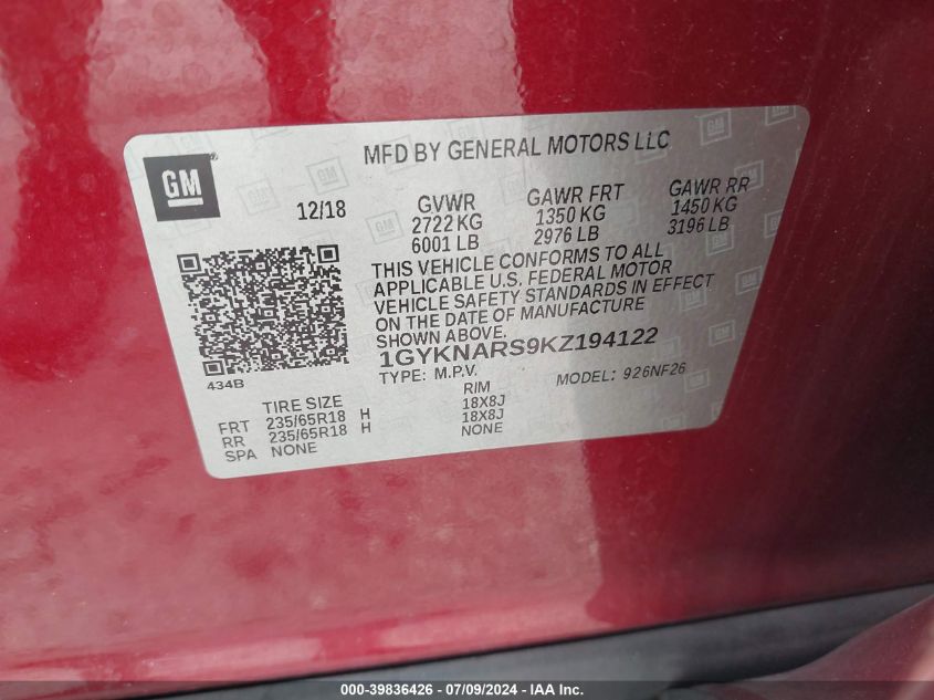 2019 Cadillac Xt5 Standard VIN: 1GYKNARS9KZ194122 Lot: 39836426