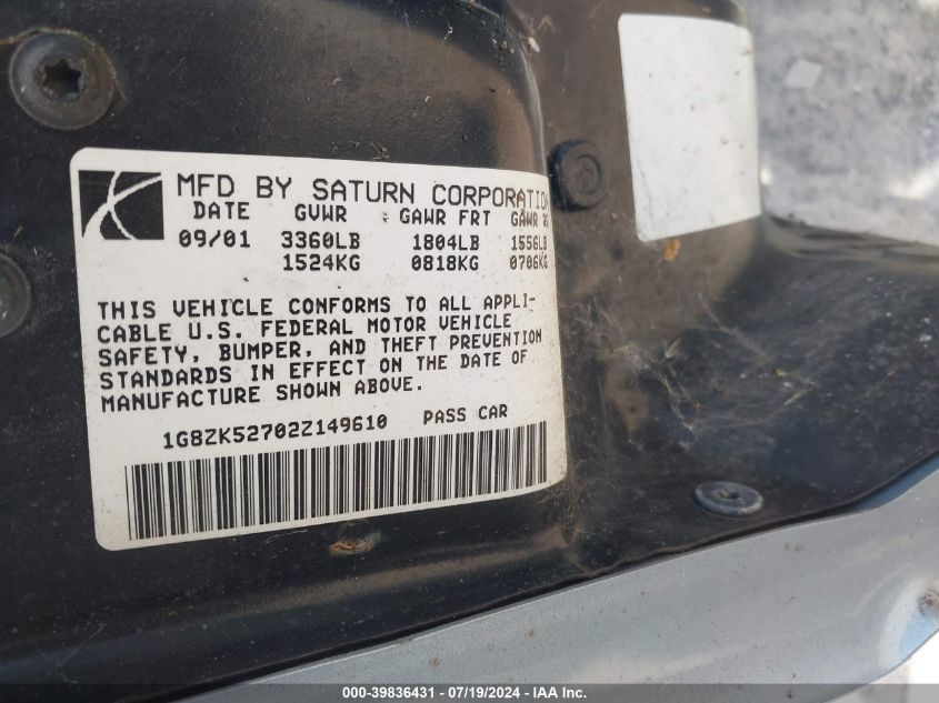 2002 Saturn Sl2 VIN: 1G8ZK52702Z149610 Lot: 39836431