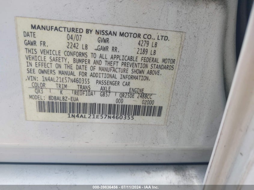 2007 Nissan Altima 2.5 S VIN: 1N4AL21E57N460355 Lot: 39836456