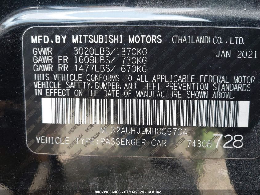 2021 Mitsubishi Mirage Carbonite Edition/Es/Le VIN: ML32AUHJ9MH005704 Lot: 39836465