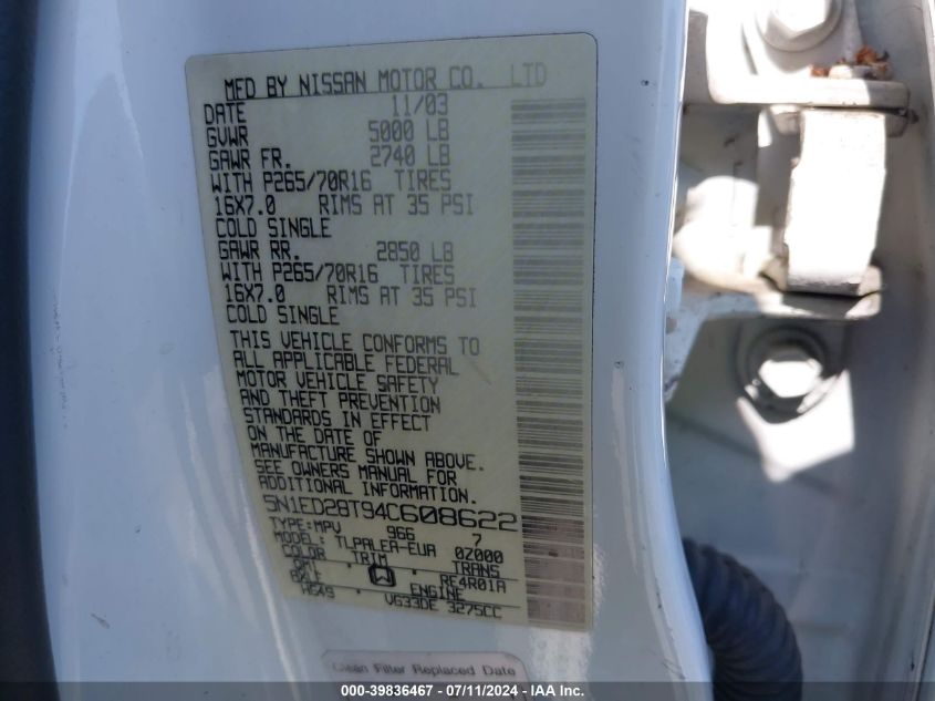 2004 Nissan Xterra Xe VIN: 5N1ED28T94C608622 Lot: 39836467