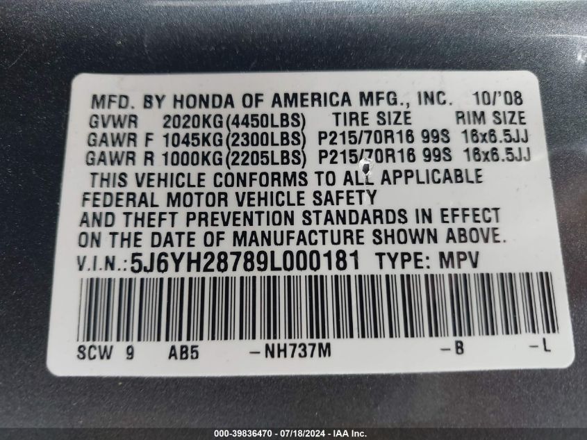 2009 Honda Element Ex VIN: 5J6YH28789L000181 Lot: 39836470