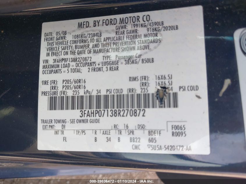 2008 Ford Fusion Se VIN: 3FAHP07138R270872 Lot: 39836472