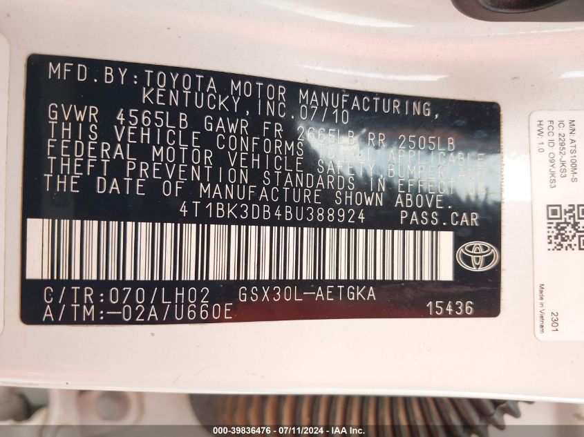 2011 Toyota Avalon VIN: 4T1BK3DB4BU388924 Lot: 39836476