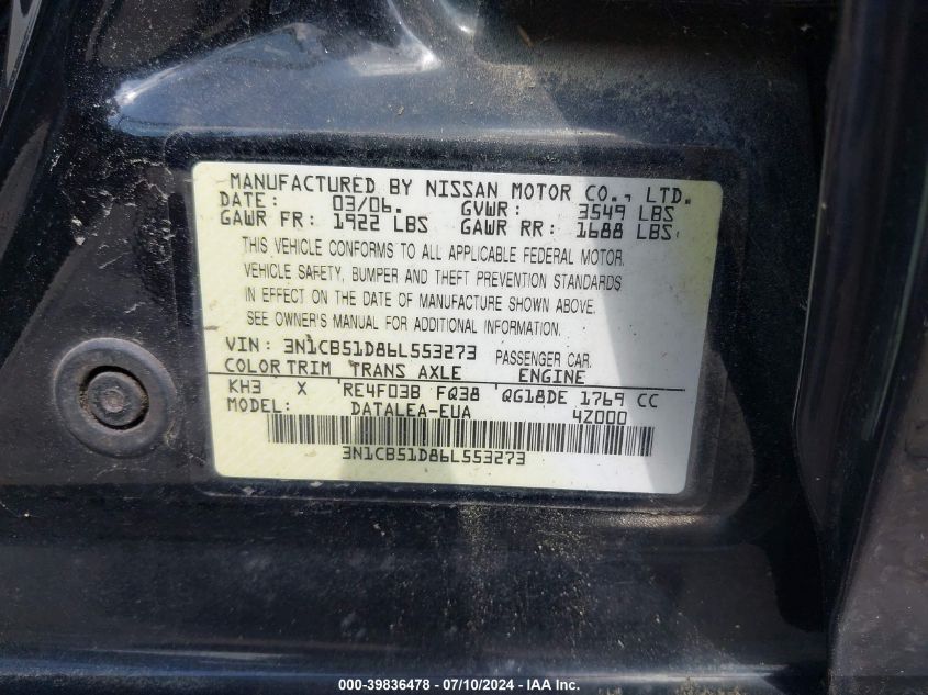 3N1CB51D86L553273 | 2006 NISSAN SENTRA