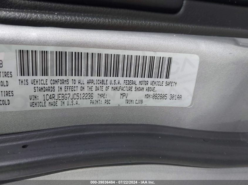2018 Jeep Grand Cherokee Limited 4X2 VIN: 1C4RJEBG7JC512236 Lot: 39836484