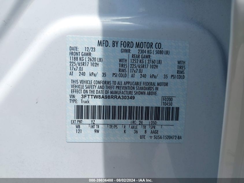 2024 Ford Maverick Xl VIN: 3FTTW8A98RRA30349 Lot: 39836488