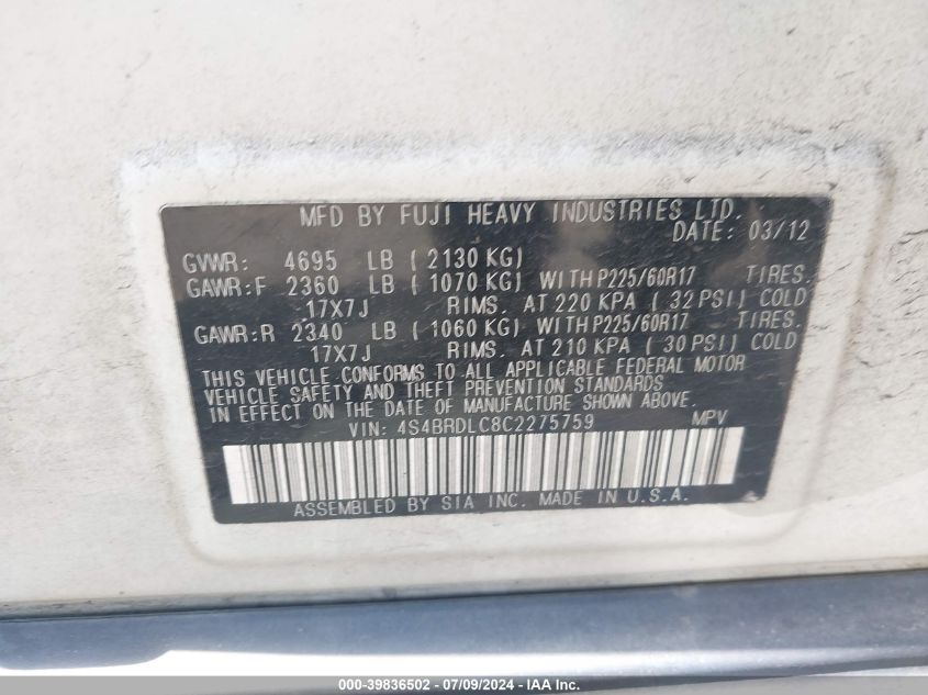 2012 Subaru Outback 3.6R Limited VIN: 4S4BRDLC8C2275759 Lot: 39836502