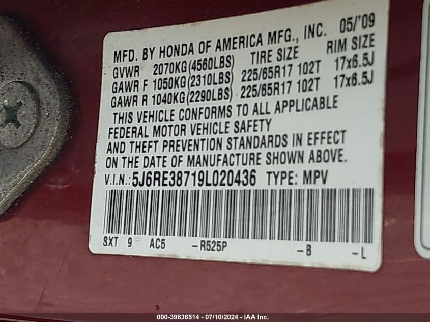 2009 Honda Cr-V Ex-L VIN: 5J6RE38719L020436 Lot: 39836514