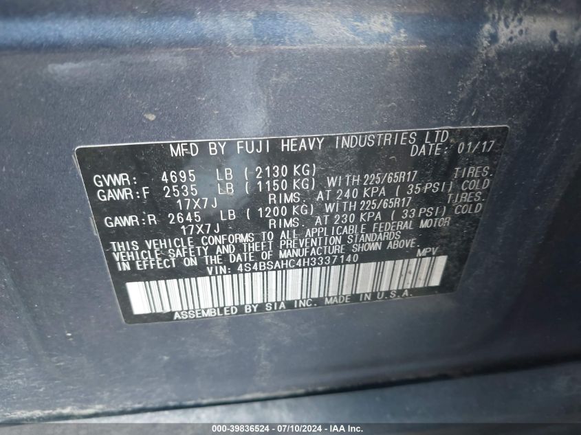2017 Subaru Outback 2.5I Premium VIN: 4S4BSAHC4H3337140 Lot: 39836524