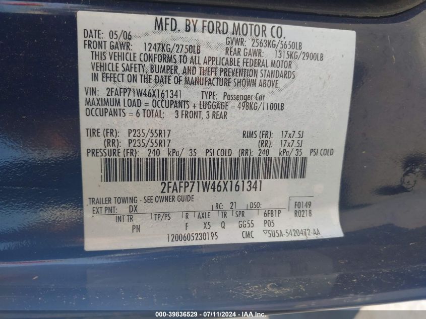 2006 Ford Crown Victoria Police/Police Interceptor VIN: 2FAFP71W46X161341 Lot: 39836529