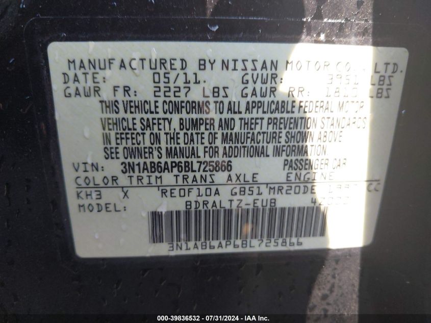 2011 Nissan Sentra 2.0S VIN: 3N1AB6AP6BL725866 Lot: 39836532