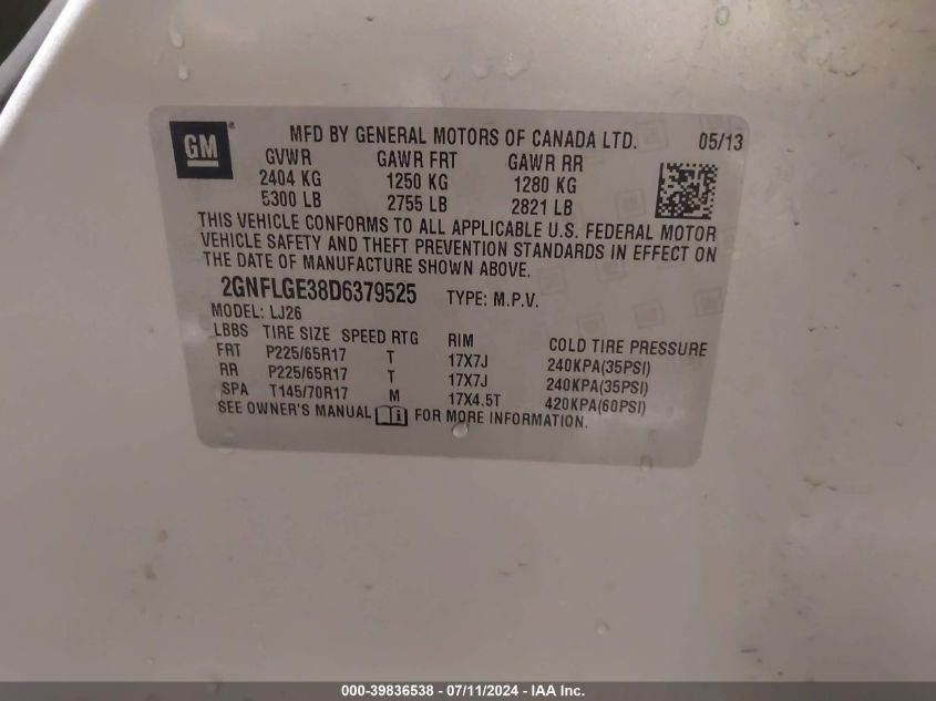 2013 Chevrolet Equinox Ltz VIN: 2GNFLGE38D6379525 Lot: 39836538