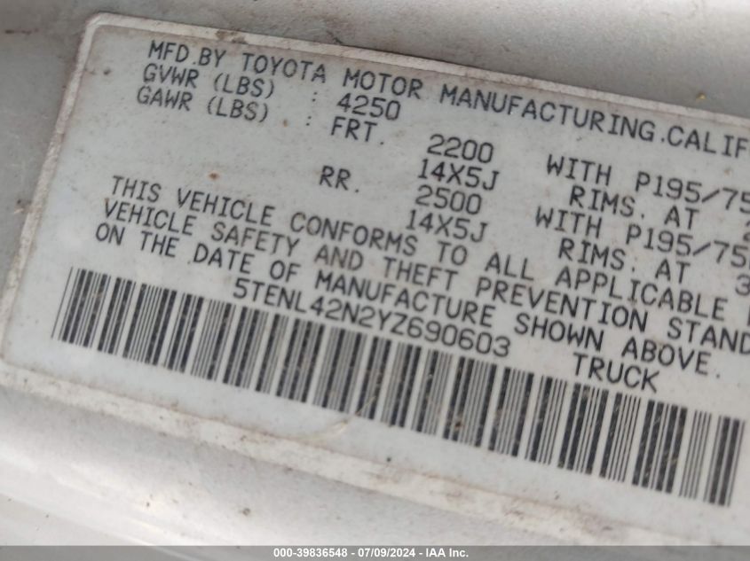 2000 Toyota Tacoma VIN: 5TENL42N2YZ690603 Lot: 39836548