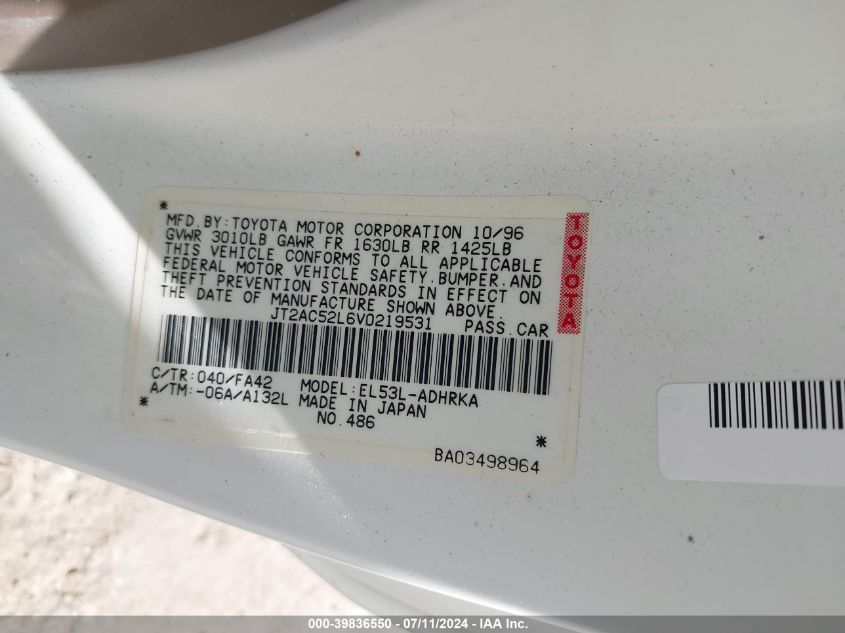 1997 Toyota Tercel Ce VIN: JT2AC52L6V0219531 Lot: 39836550