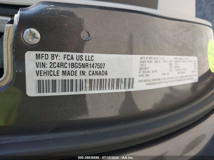 2022 CHRYSLER PACIFICA TOURING L - 2C4RC1BG5NR147507