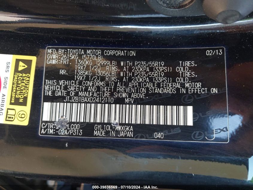 2013 Lexus Rx 450 VIN: JTJZB1BAXD2412110 Lot: 39836569