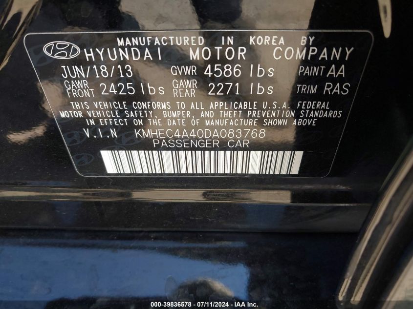 2013 Hyundai Sonata Hybrid VIN: KMHEC4A40DA083768 Lot: 39836578