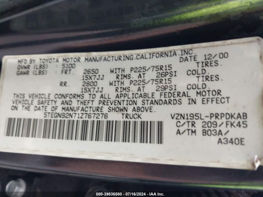 2001 Toyota Tacoma Prerunner V6 VIN: 5TEGN92N71Z767276 Lot: 39836580