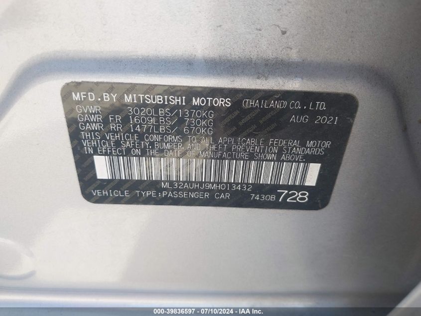 2021 Mitsubishi Mirage Carbonite Edition/Es/Le VIN: ML32AUHJ9MH013432 Lot: 39836597