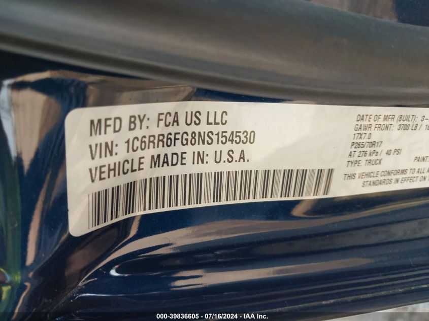 2022 Ram 1500 Classic Tradesman Quad Cab 4X2 6'4 Box VIN: 1C6RR6FG8NS154530 Lot: 39836605