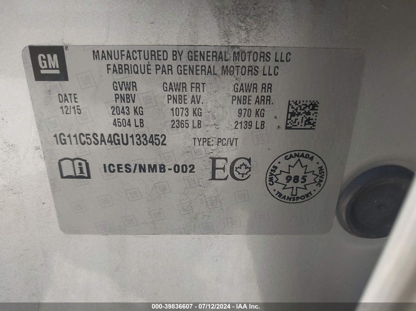 2016 Chevrolet Malibu Limited Lt VIN: 1G11C5SA4GU133452 Lot: 39836607
