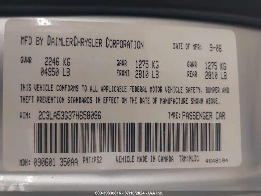 2007 Chrysler 300 Touring VIN: 2C3LA53G37H658096 Lot: 39836616