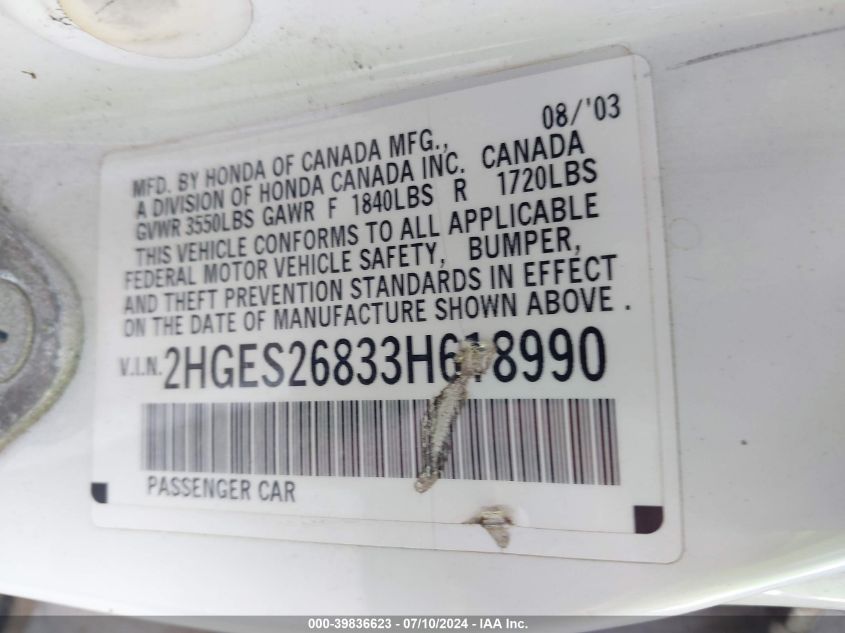 2003 Honda Civic Ex VIN: 2HGES26833H618990 Lot: 39836623