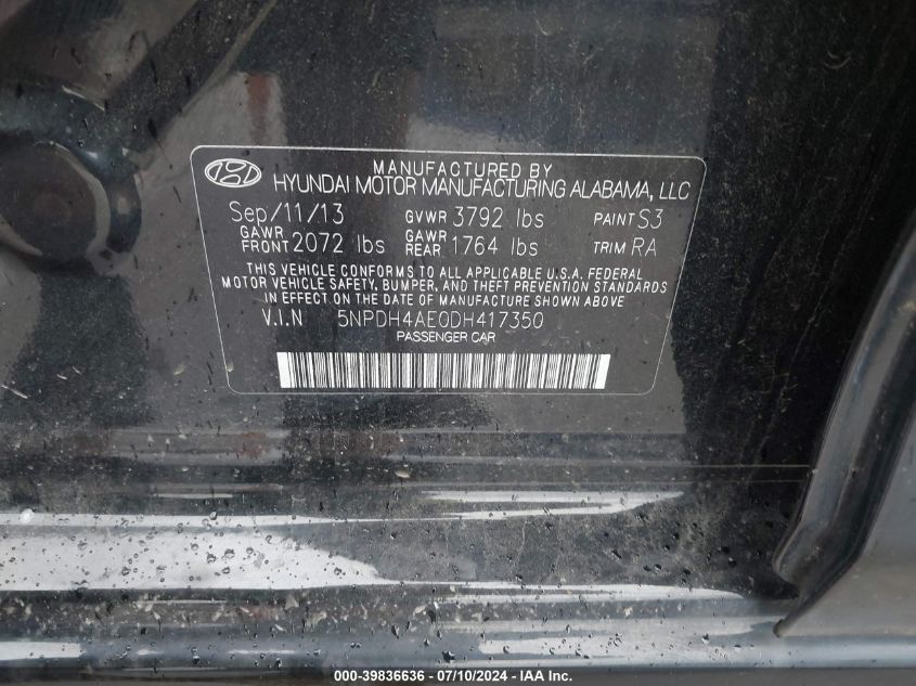 2013 Hyundai Elantra Gls VIN: 5NPDH4AE0DH417350 Lot: 39836636