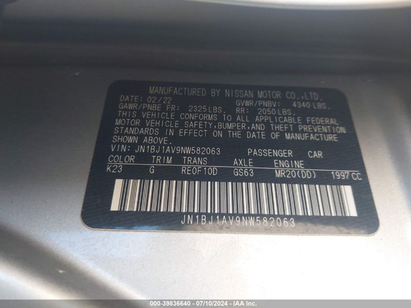 2022 Nissan Rogue Sport S Fwd Xtronic Cvt VIN: JN1BJ1AV9NW582063 Lot: 39836640