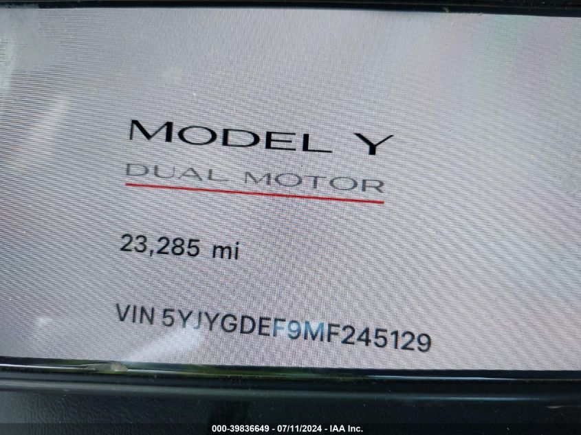 2021 Tesla Model Y Performance Dual Motor All-Wheel Drive VIN: 5YJYGDEF9MF245129 Lot: 39836649