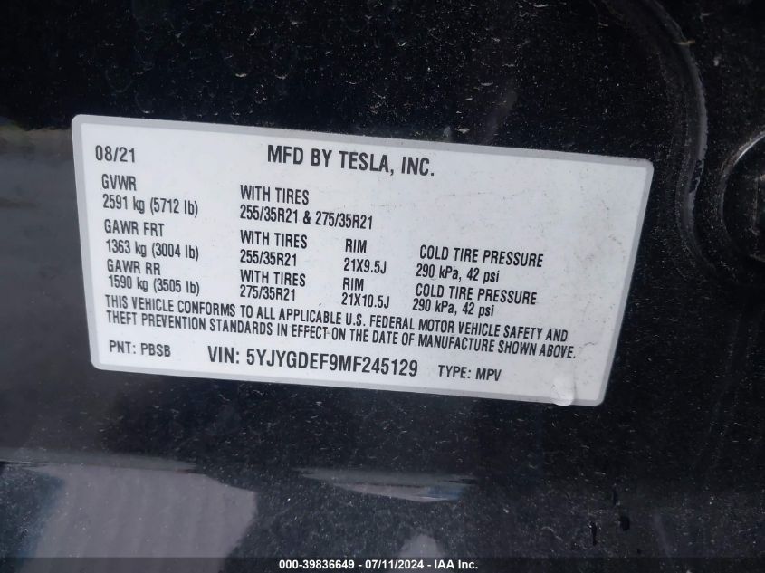 2021 Tesla Model Y Performance Dual Motor All-Wheel Drive VIN: 5YJYGDEF9MF245129 Lot: 39836649