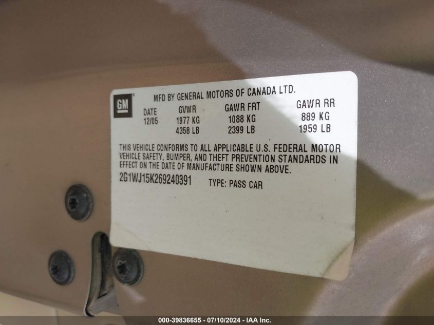 2006 Chevrolet Monte Carlo Ls VIN: 2G1WJ15K269240391 Lot: 39836655